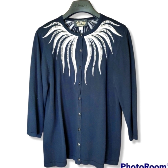Bob Mackie wearable art black button front cardigan with silver white embellishm - Picture 3 of 7